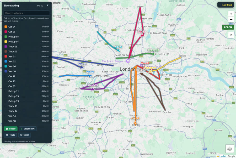 Ten vehicles tracked live, each with its own trail